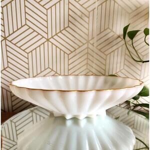 Vintage Anchor Hocking Fire King Oval Scalloped Bowl Milk Glass 1960s Gold Trim